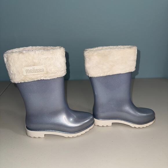 Melissa Girls 1 Mel Rain Boot II Outdoor Playwear Glitter Cool Weather Faux Fur - Picture 1 of 8